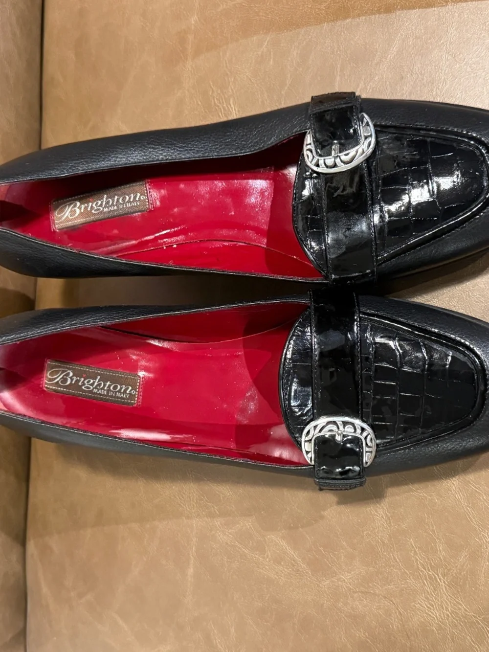 Brighton Italy Leather Heels 9.5 Black Croc Accent Comfort‎ Pumps Career Chic